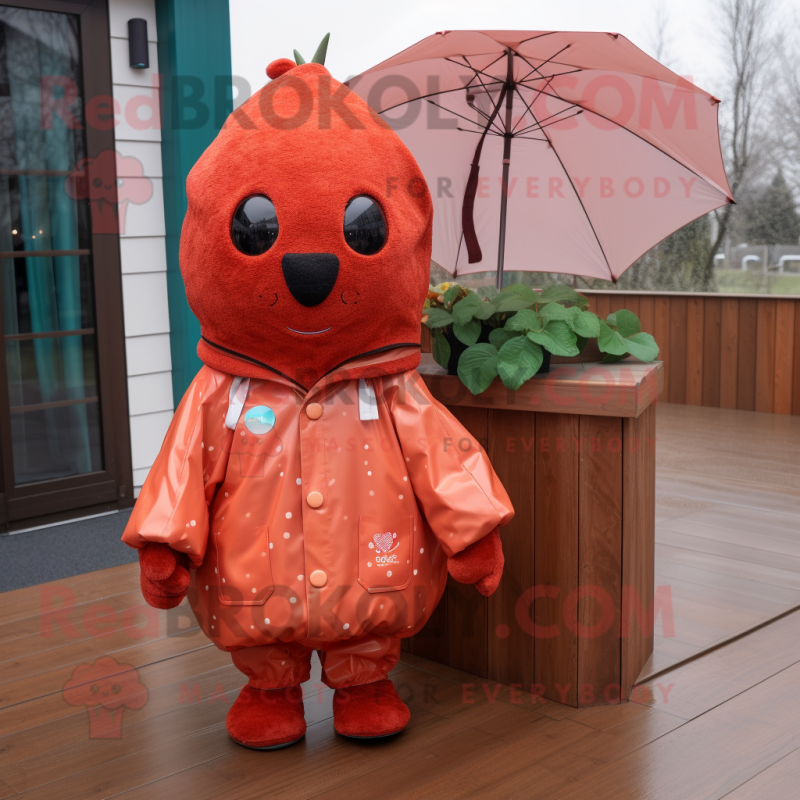Rust Strawberry mascot costume character dressed with a Raincoat and Messenger bags Rust Strawberry mascot costume character dressed with a Raincoat and Messenger bags