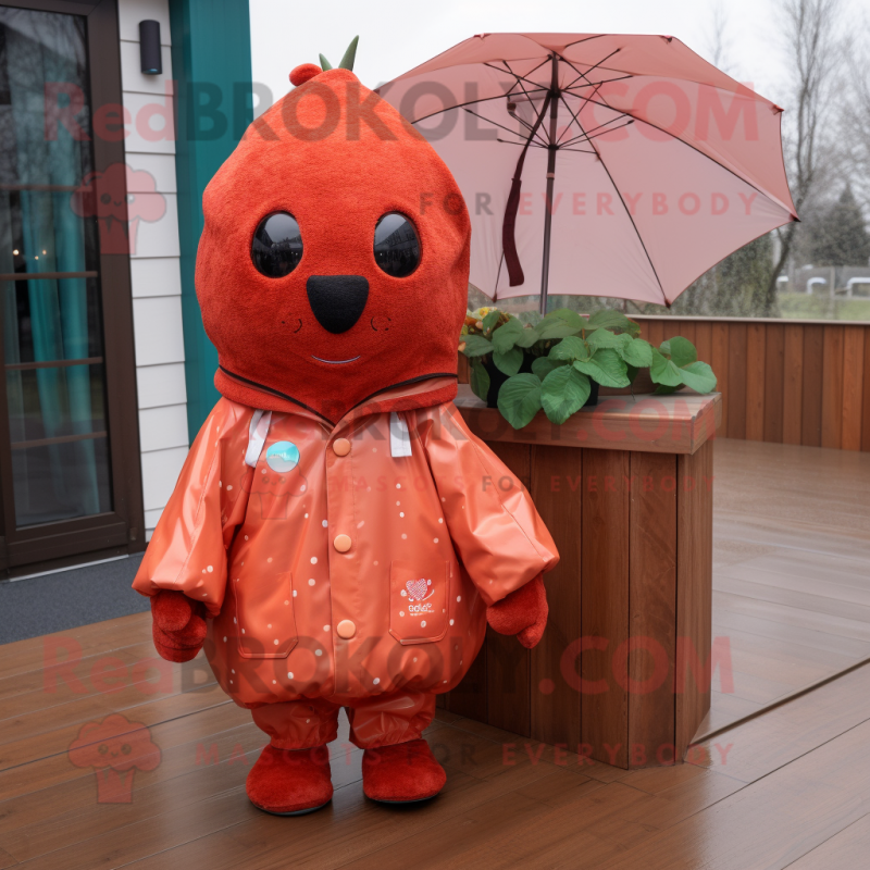 Rust Strawberry mascot costume character dressed with a Raincoat and Messenger bags