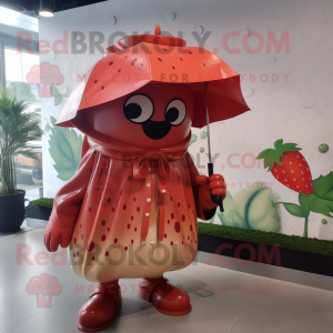 Rust Strawberry mascot costume character dressed with a Raincoat and Messenger bags