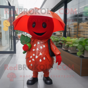 Rust Strawberry mascot costume character dressed with a Raincoat and Messenger bags