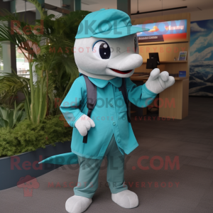 Teal Dolphin mascot costume character dressed with a Chinos and Caps