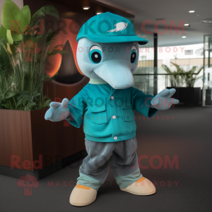 Teal Dolphin mascot costume character dressed with a Chinos and Caps