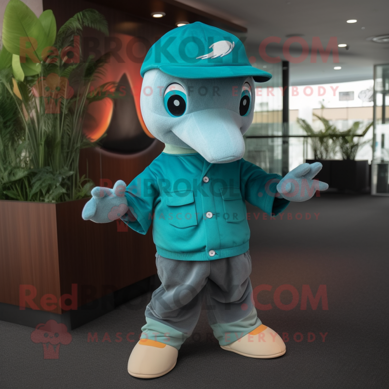 Teal Dolphin mascot costume character dressed with a Chinos and Caps Teal Dolphin mascot costume character dressed with a Chinos and Caps