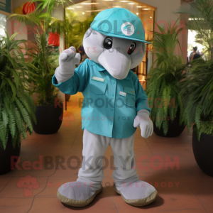 Teal Dolphin mascot costume character dressed with a Chinos and Caps