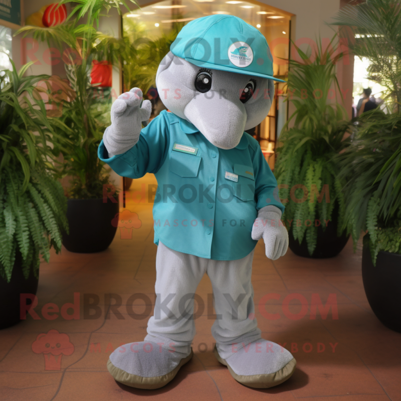 Teal Dolphin mascot costume character dressed with a Chinos and Caps Teal Dolphin mascot costume character dressed with a Chinos and Caps