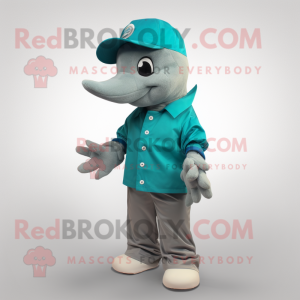 Teal Dolphin mascot costume character dressed with a Chinos and Caps