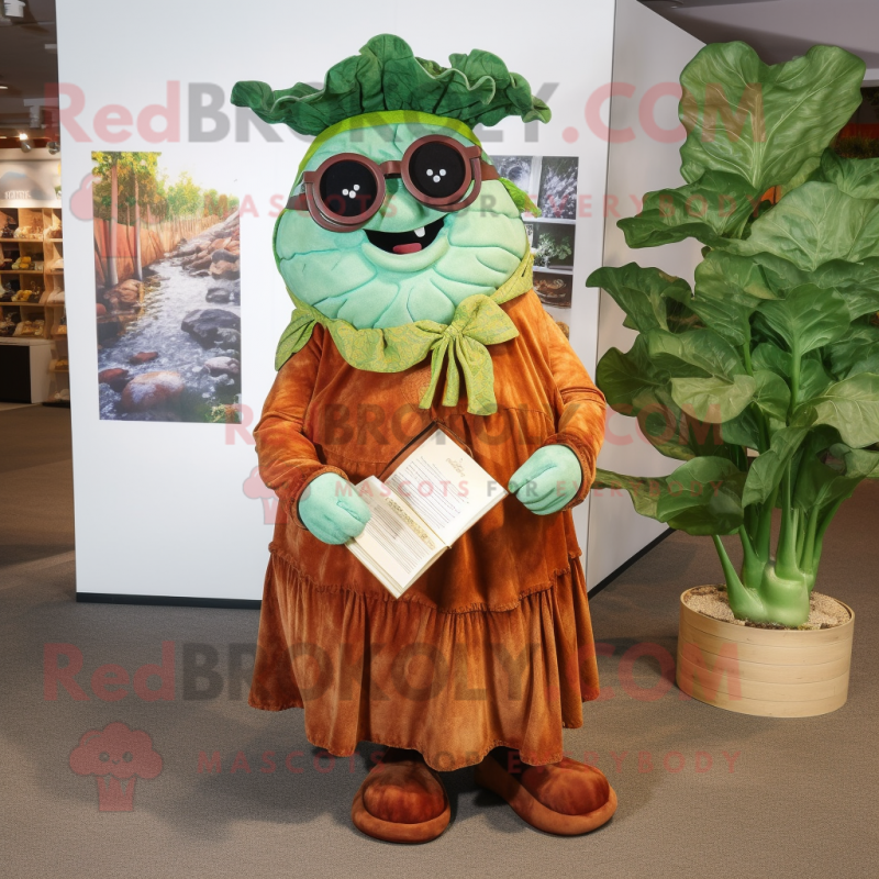 Rust Cabbage mascot costume character dressed with a Maxi Dress and Reading glasses