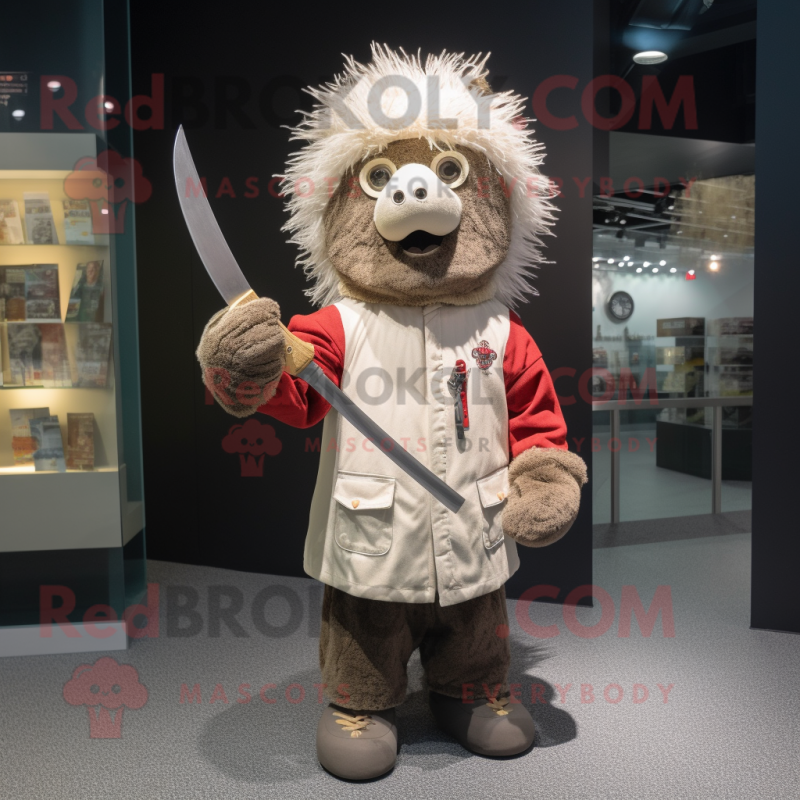 nan Knife Thrower mascot costume character dressed with a Parka and Brooches nan Knife Thrower mascot costume character dressed with a Parka and Brooches
