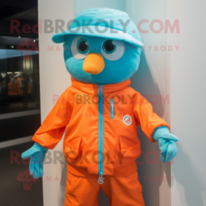 Cyan Orange mascot costume character dressed with a Windbreaker and Suspenders