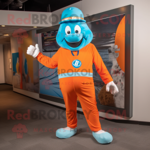 Cyan Orange mascot costume character dressed with a Windbreaker and Suspenders