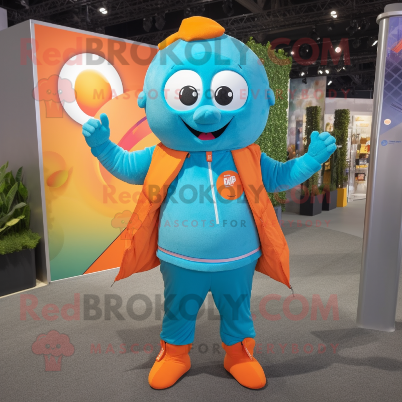 Cyan Orange mascot costume character dressed with a Windbreaker and Suspenders