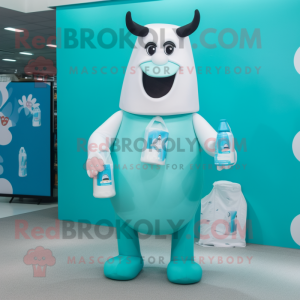 Turquoise Bottle Of Milk mascot costume character dressed with a Swimwear and Tote bags