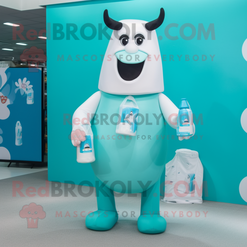 Turquoise Bottle Of Milk mascot costume character dressed with a Swimwear and Tote bags Turquoise Bottle Of Milk mascot costume character dressed with a Swimwear and Tote bags