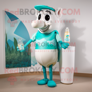 Turquoise Bottle Of Milk mascot costume character dressed with a Swimwear and Tote bags