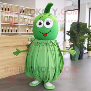 Green Radish mascot costume character dressed with a Maxi Dress and Shoe clips