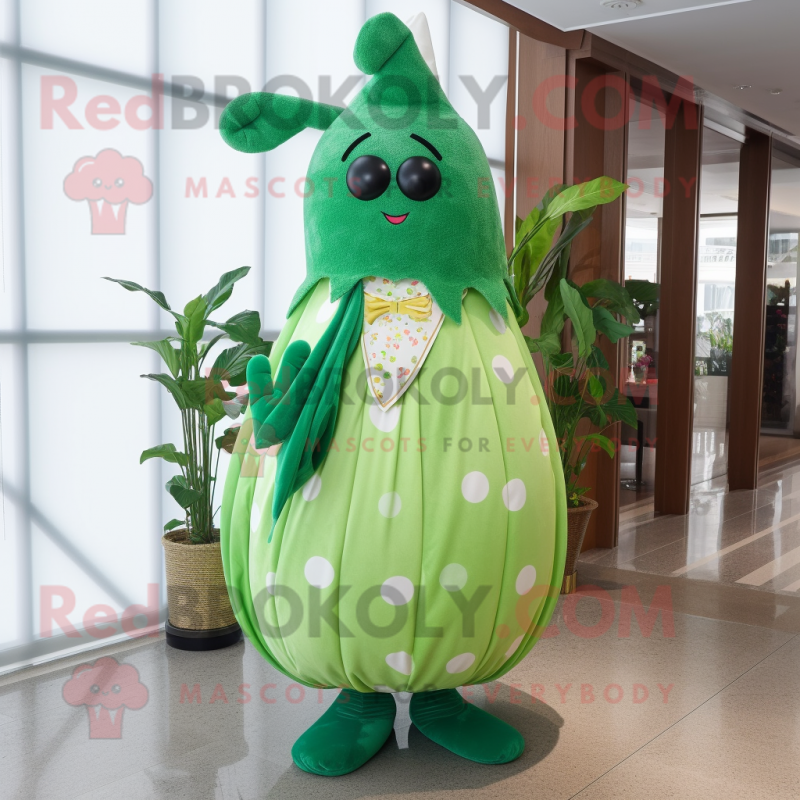 Green Radish mascot costume character dressed with a Maxi Dress and Shoe clips