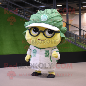 Cream Cabbage Leaf mascot costume character dressed with a Baseball Tee and Reading glasses