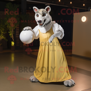 Cream Thylacosmilus mascot costume character dressed with a Ball Gown and Foot pads