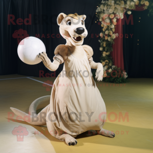 Cream Thylacosmilus mascot costume character dressed with a Ball Gown and Foot pads