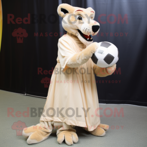 Cream Thylacosmilus mascot costume character dressed with a Ball Gown and Foot pads