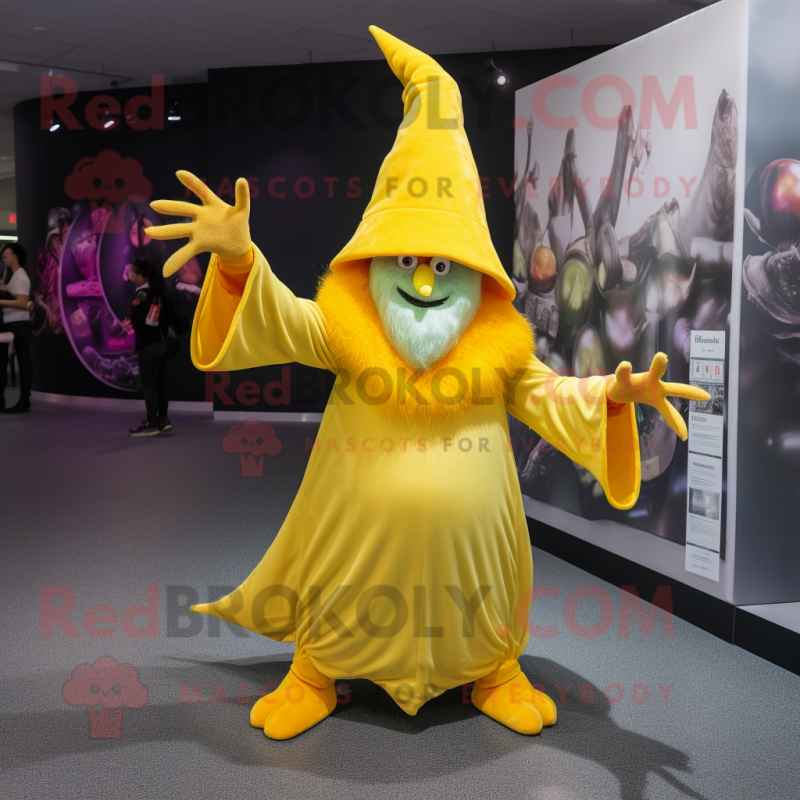 Lemon Yellow Witch mascot costume character dressed with a Trousers and Gloves