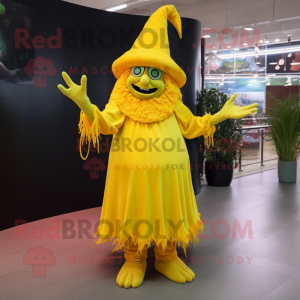 Lemon Yellow Witch mascot costume character dressed with a Trousers and Gloves