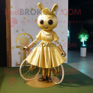 Gold Unicyclist mascot costume character dressed with a A-Line Skirt and Bow ties