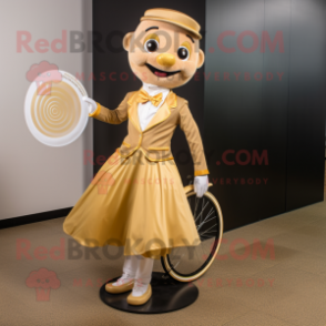 Gold Unicyclist mascot costume character dressed with a A-Line Skirt and Bow ties