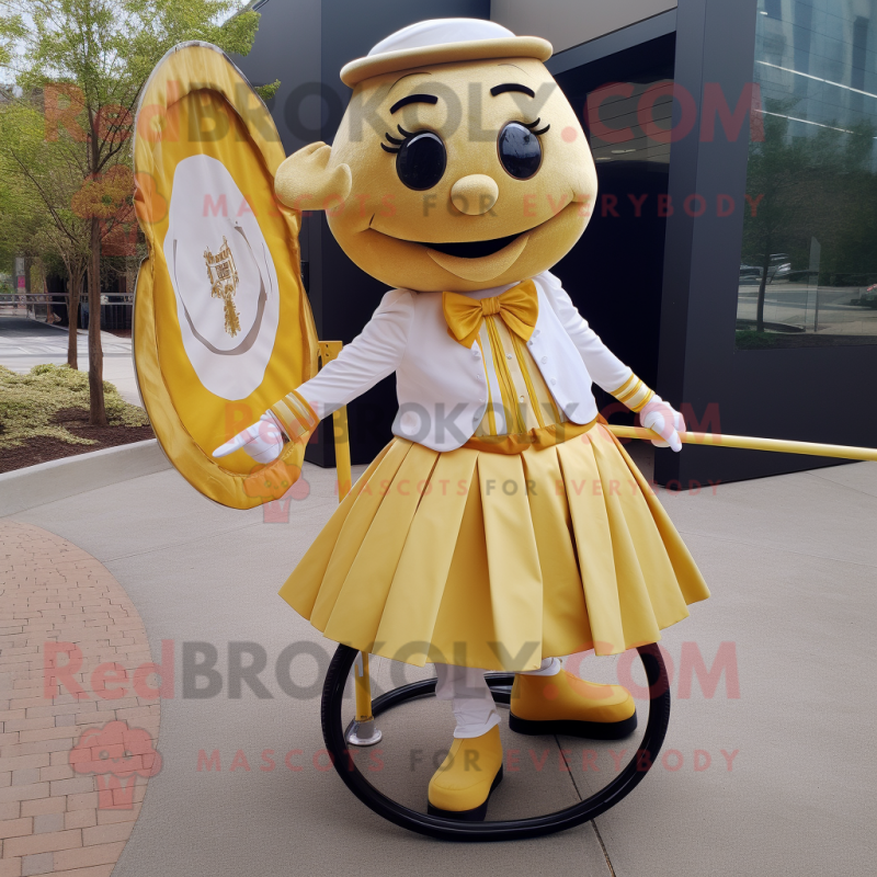 Gold Unicyclist mascot costume character dressed with a A-Line Skirt and Bow ties