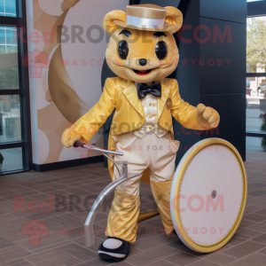 Gold Unicyclist mascot costume character dressed with a A-Line Skirt and Bow ties