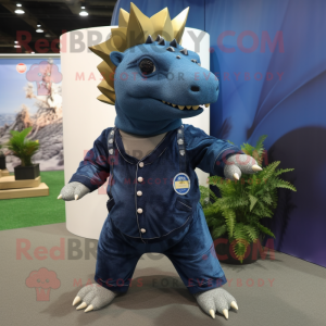 Navy Ankylosaurus mascot costume character dressed with a Jeans and Hairpins