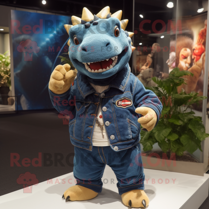 Navy Ankylosaurus mascot costume character dressed with a Jeans and Hairpins