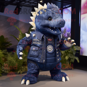 Navy Ankylosaurus mascot costume character dressed with a Jeans and Hairpins