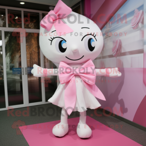 White Pink mascot costume character dressed with a Jumpsuit and Bow ties