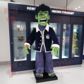 Navy Frankenstein mascot costume character dressed with a Cardigan and Shoe clips