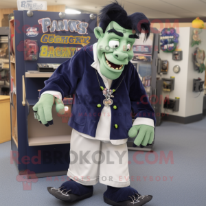 Navy Frankenstein mascot costume character dressed with a Cardigan and Shoe clips