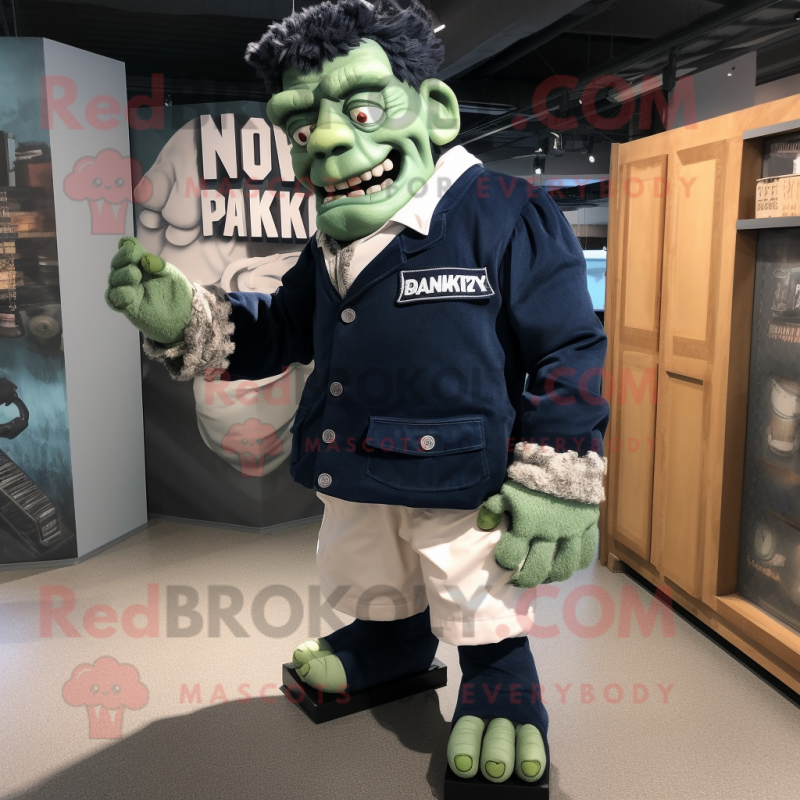 Navy Frankenstein mascot costume character dressed with a Cardigan and Shoe clips Navy Frankenstein mascot costume character dressed with a Cardigan and Shoe clips