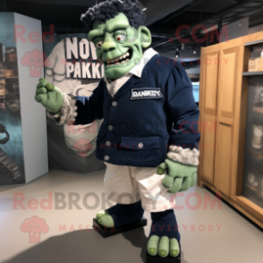 Navy Frankenstein mascot costume character dressed with a Cardigan and Shoe clips