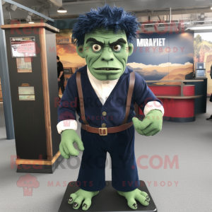 Navy Frankenstein mascot costume character dressed with a Cardigan and Shoe clips