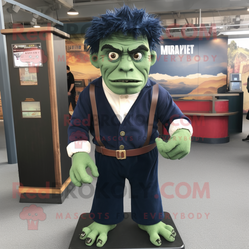 Navy Frankenstein mascot costume character dressed with a Cardigan and Shoe clips Navy Frankenstein mascot costume character dressed with a Cardigan and Shoe clips