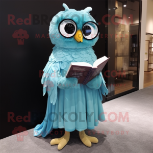 Cyan Owl mascot costume character dressed with a Empire Waist Dress and Reading glasses