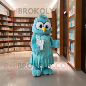 Cyan Owl mascot costume character dressed with a Empire Waist Dress and Reading glasses