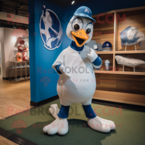 Blue Swans mascot costume character dressed with a Baseball Tee and Foot pads