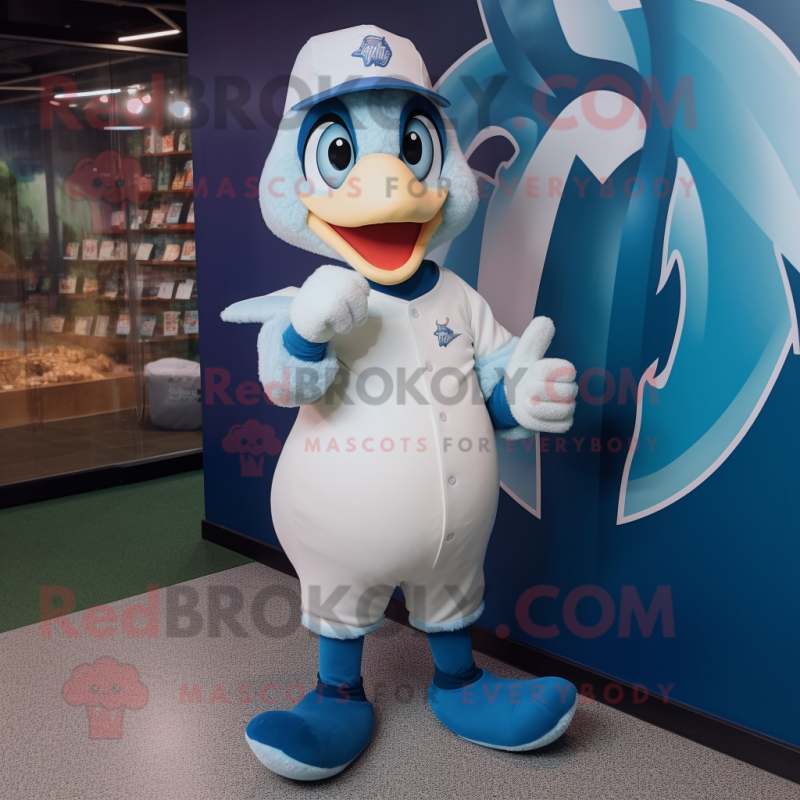 Blue Swans mascot costume character dressed with a Baseball Tee and Foot pads Blue Swans mascot costume character dressed with a Baseball Tee and Foot pads