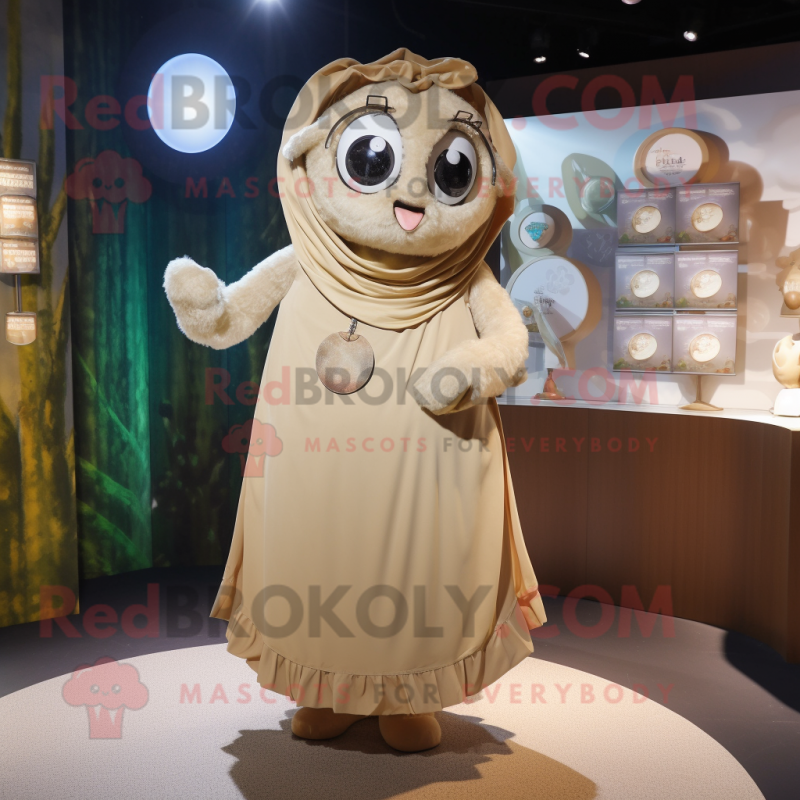 Beige Pendant mascot costume character dressed with a Wrap Dress and Lapel pins Beige Pendant mascot costume character dressed with a Wrap Dress and Lapel pins