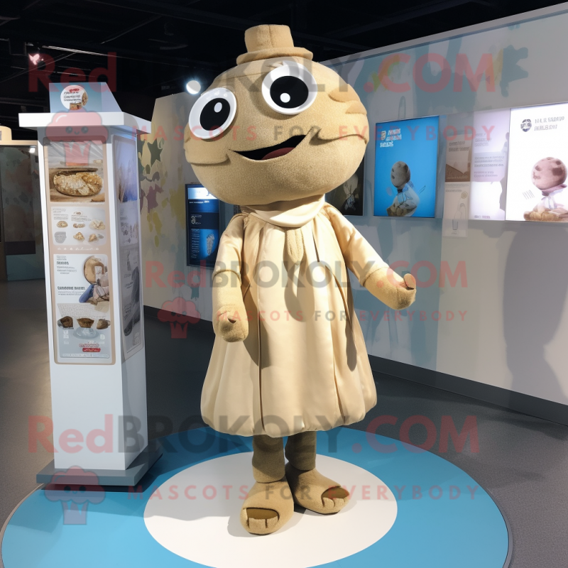 Beige Pendant mascot costume character dressed with a Wrap Dress and Lapel pins Beige Pendant mascot costume character dressed with a Wrap Dress and Lapel pins