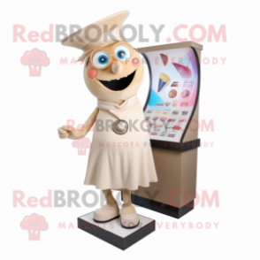 Beige Pendant mascot costume character dressed with a Wrap Dress and Lapel pins