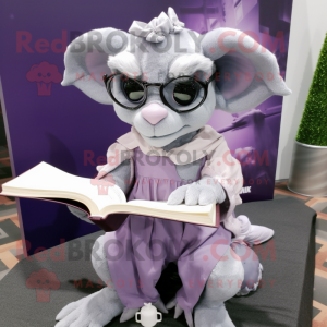 Lavender Gargoyle mascot costume character dressed with a Blouse and Reading glasses