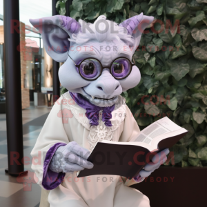 Lavender Gargoyle mascot costume character dressed with a Blouse and Reading glasses