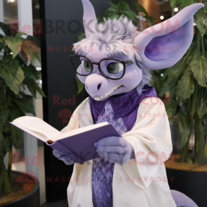 Lavender Gargoyle mascot costume character dressed with a Blouse and Reading glasses